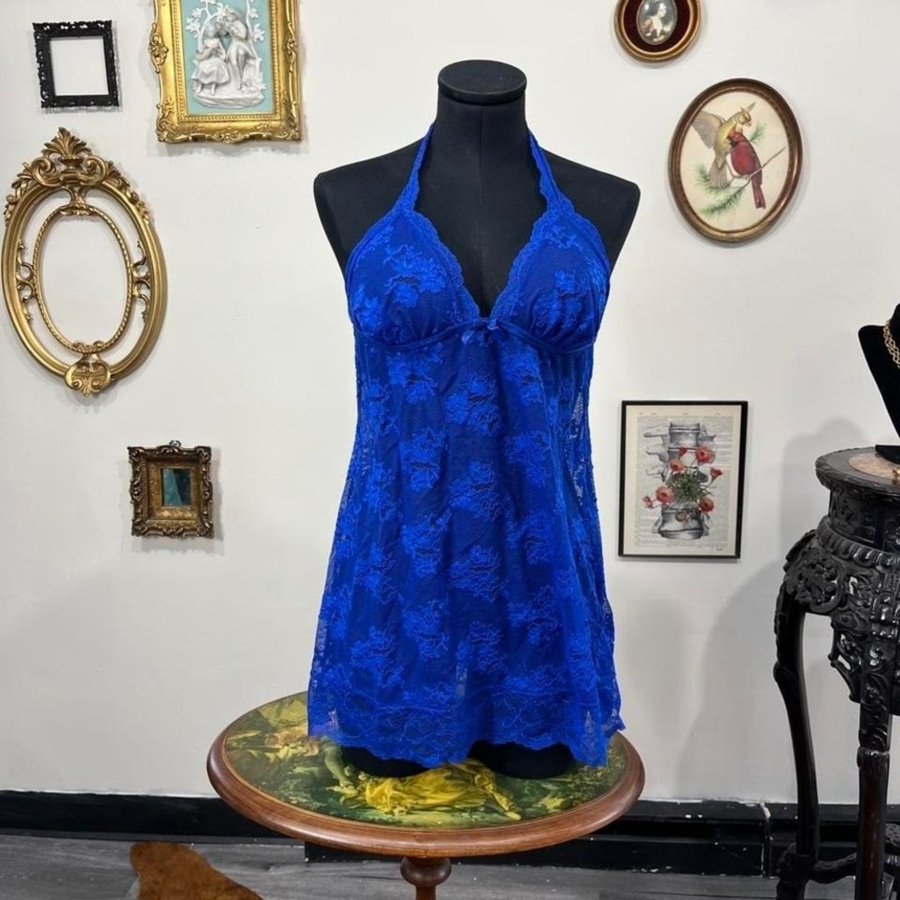 Vintage Y2K Victoria's Secret Royal Blue Lace Halter Babydoll size s
